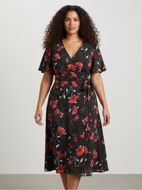 Wrap Midi Dress in Black with Red Floral Print